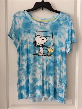 Peanuts Blue & White Tie-Dye Snoopy Woodstock Tee